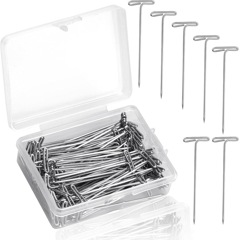 QMNNMA T Pins, 100 Pack 2 inch Sewing Pins for Blocking Knitting, Stainless Steel Push Kit with Clear Box for Foam Head, Sewing, Crocheting and Modelling - Image 1